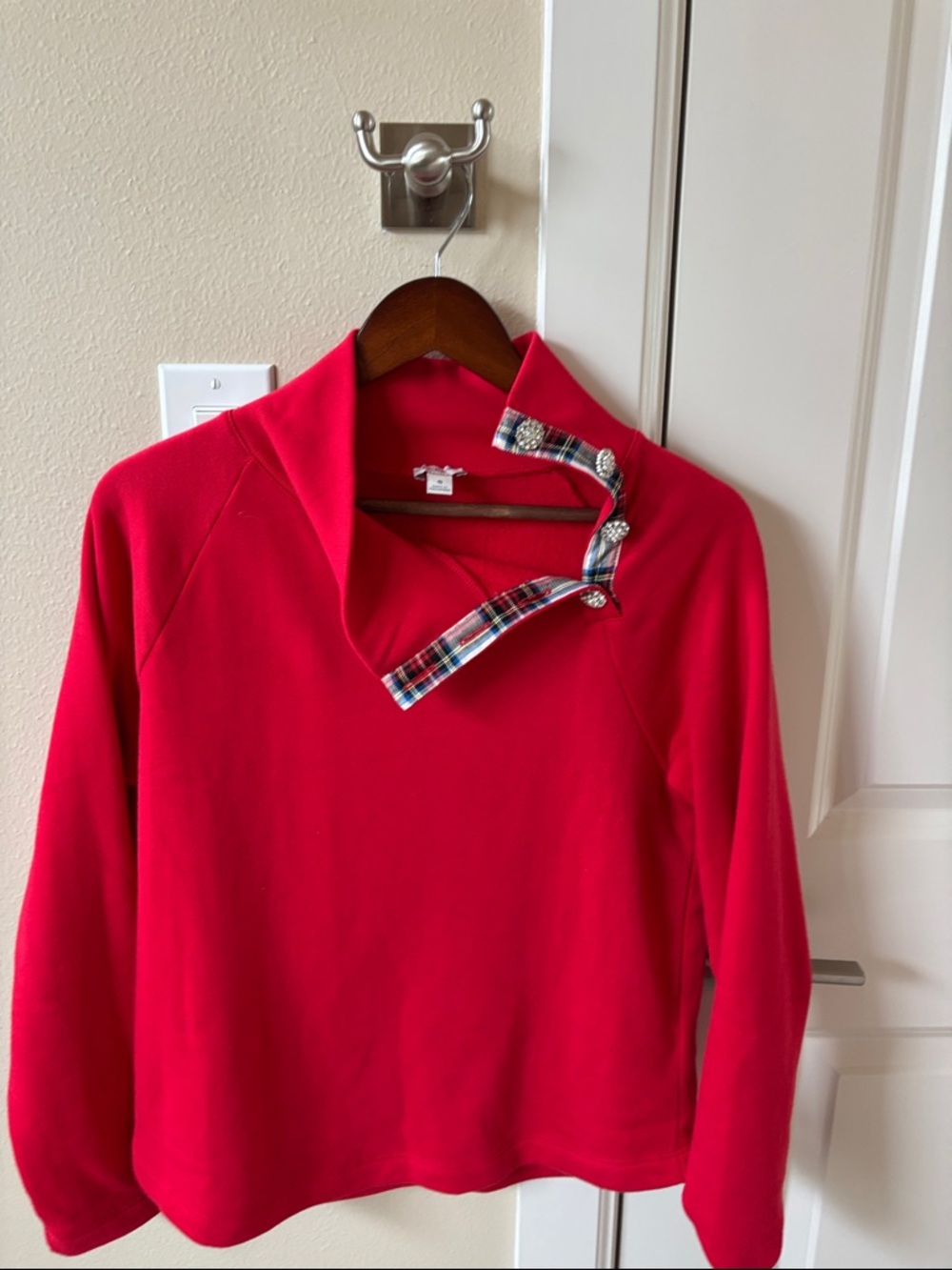 Red Women's Pullover Sweater with Plaid Trim